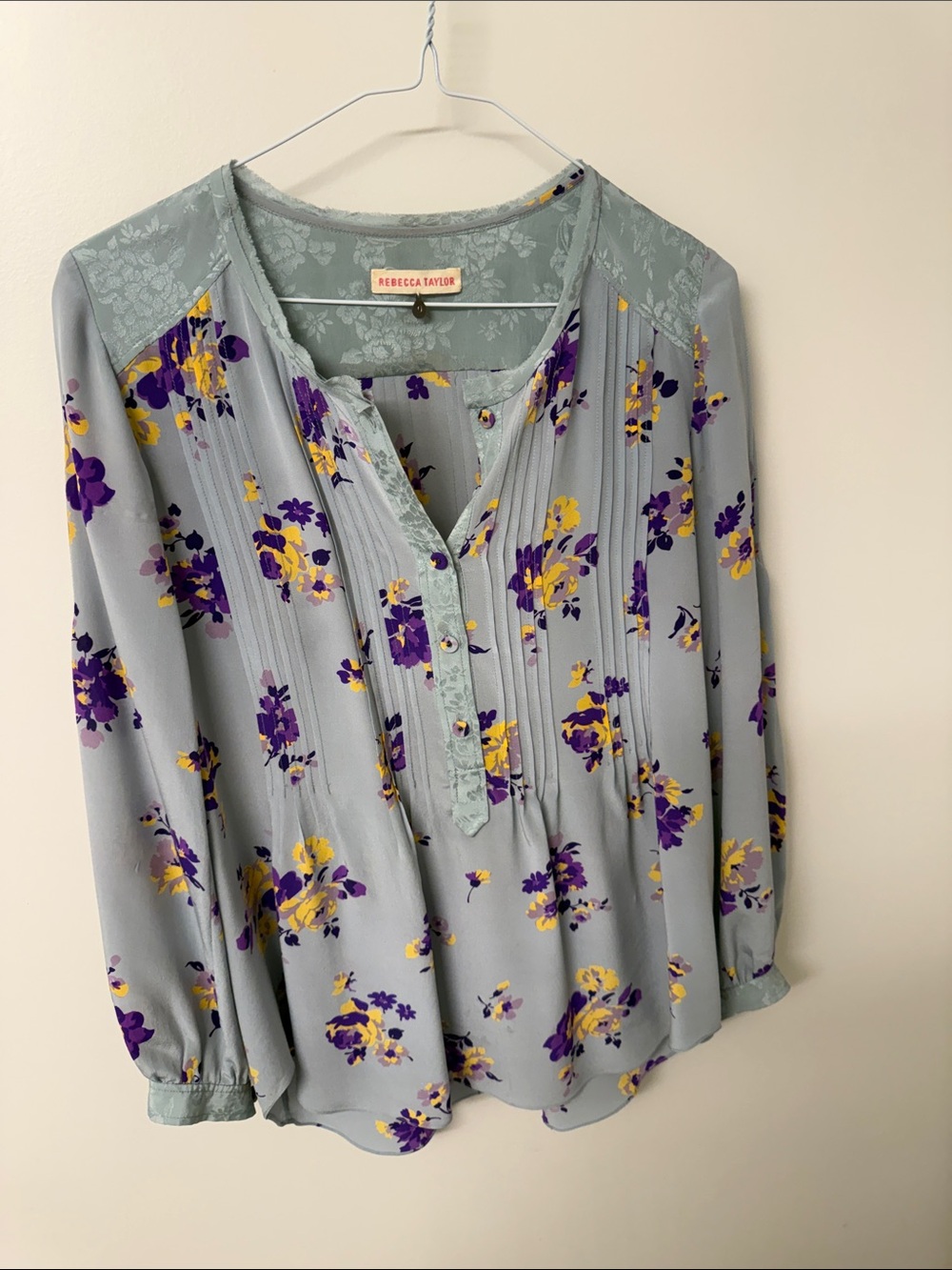 Rebecca Taylor Light Blue Floral Pintuck Lace-Shoulder Blouse